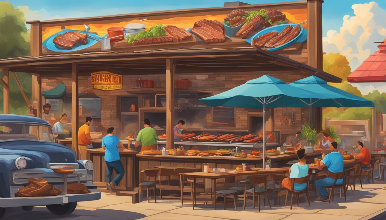 A colorful mural of sizzling BBQ ribs and steaming brisket adorns the side of a rustic Texan barbecue joint, surrounded by vibrant paintings of grilling scenes and smoky landscapes