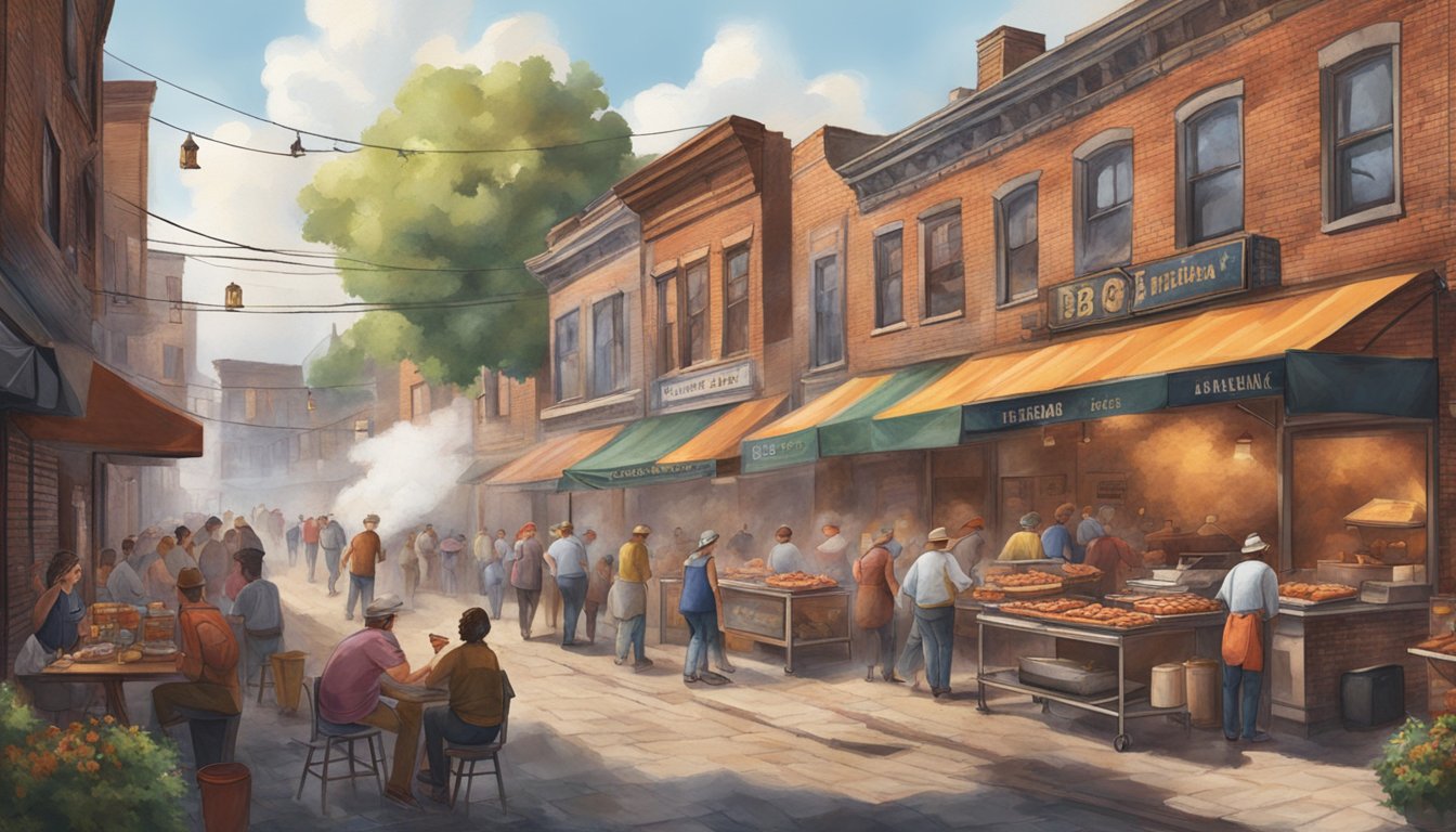 A bustling street lined with old brick buildings, smoke billowing from BBQ pits, and the aroma of slow-cooked meat filling the air