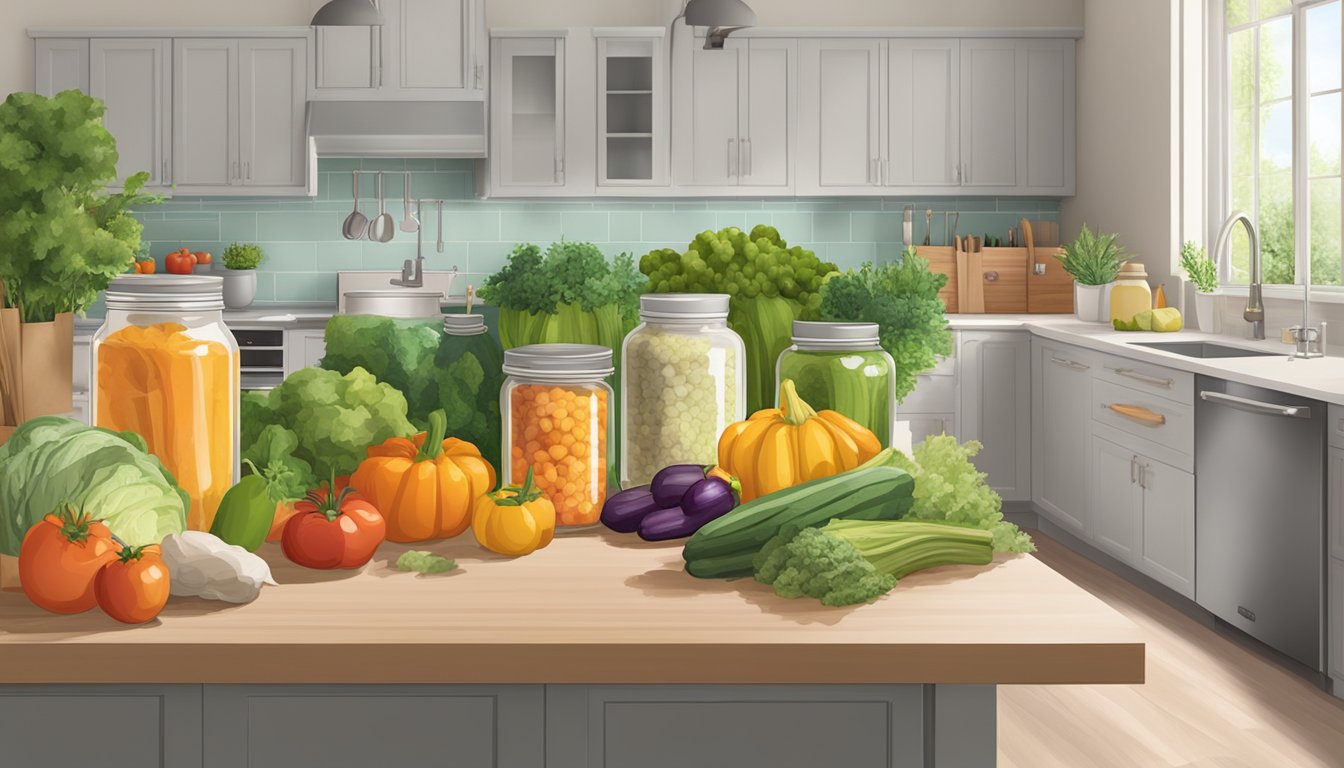 A kitchen counter with jars of fermenting food, reusable containers, and compost bin, surrounded by fresh produce and a sustainable shopping bag