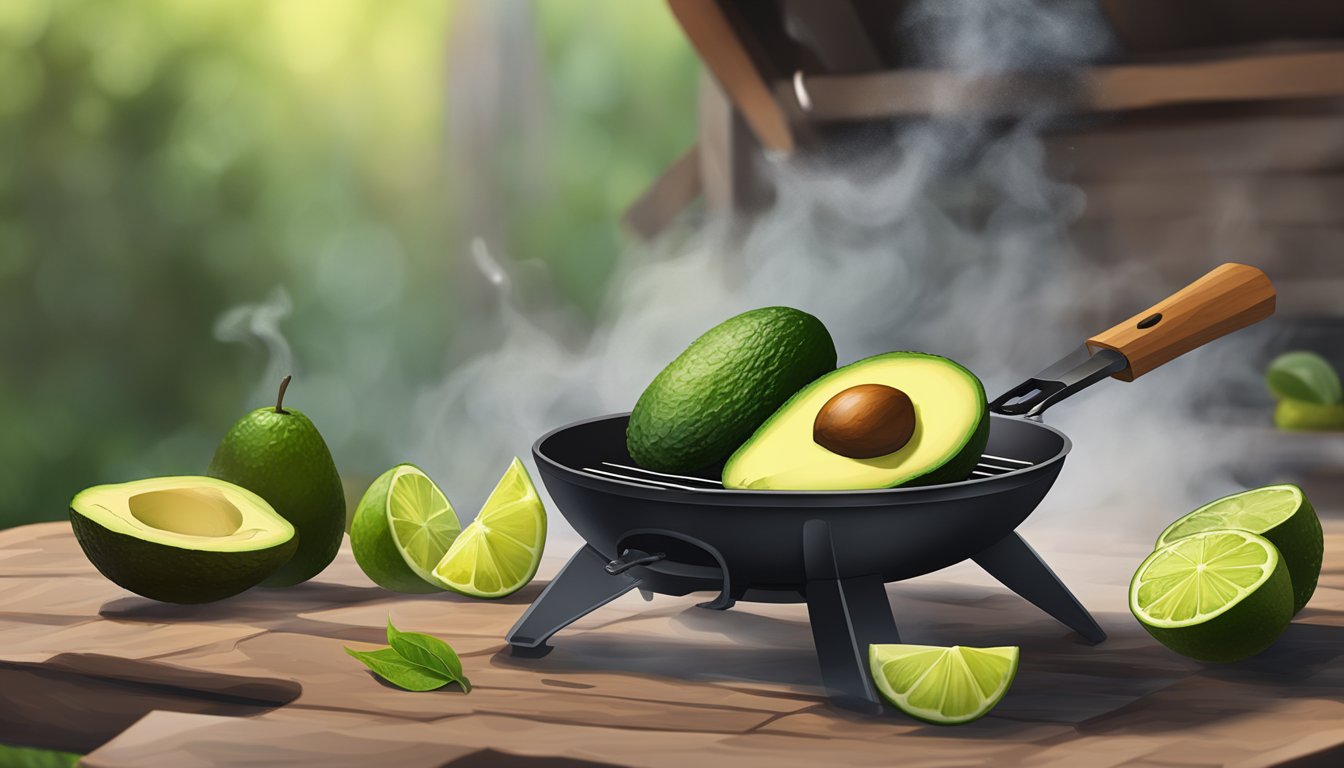 A halved avocado grilling on a BBQ, with lime wedges nearby. Smoke rises as the avocado chars, set against a rustic outdoor backdrop