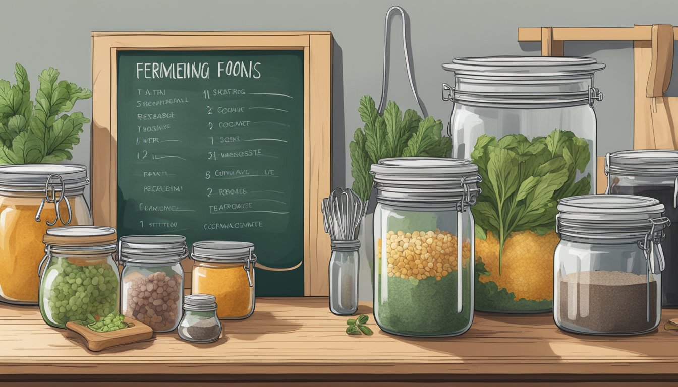 A kitchen counter with jars of fermenting food, reusable containers, and a compost bin. A chalkboard with zero-waste tips hangs on the wall