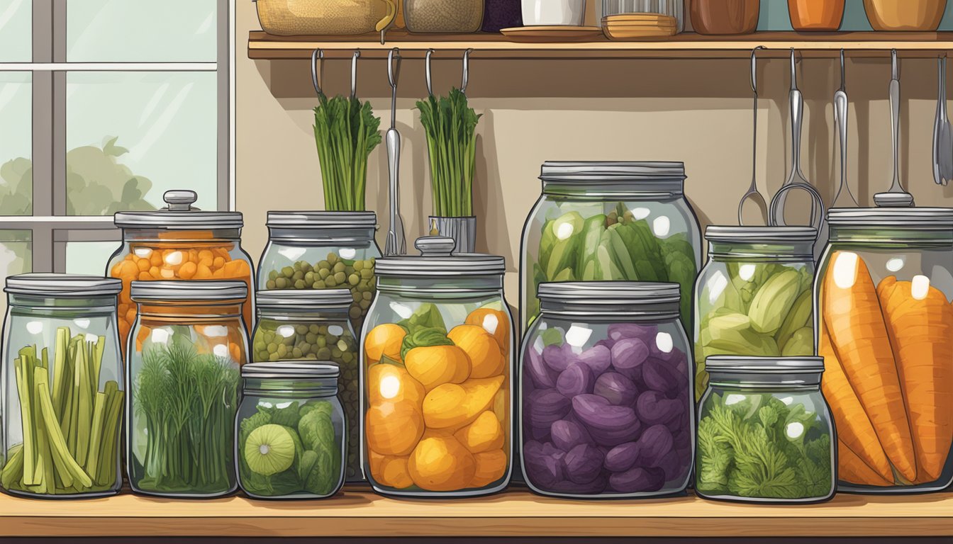 A kitchen counter with glass jars of fermenting vegetables, reusable bamboo utensils, and cloth produce bags hanging from hooks