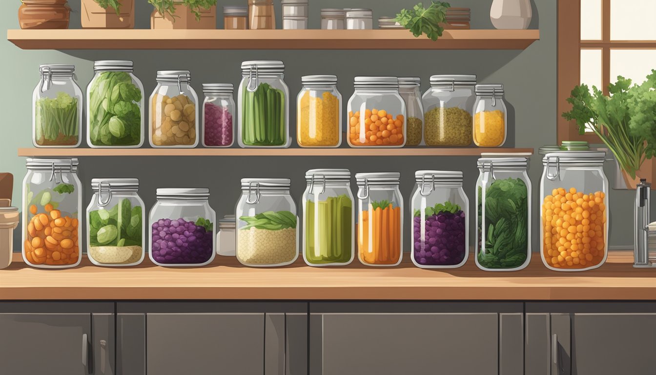 A kitchen counter filled with glass jars of fermenting vegetables, surrounded by compost bins and reusable containers for storing homemade fermented foods