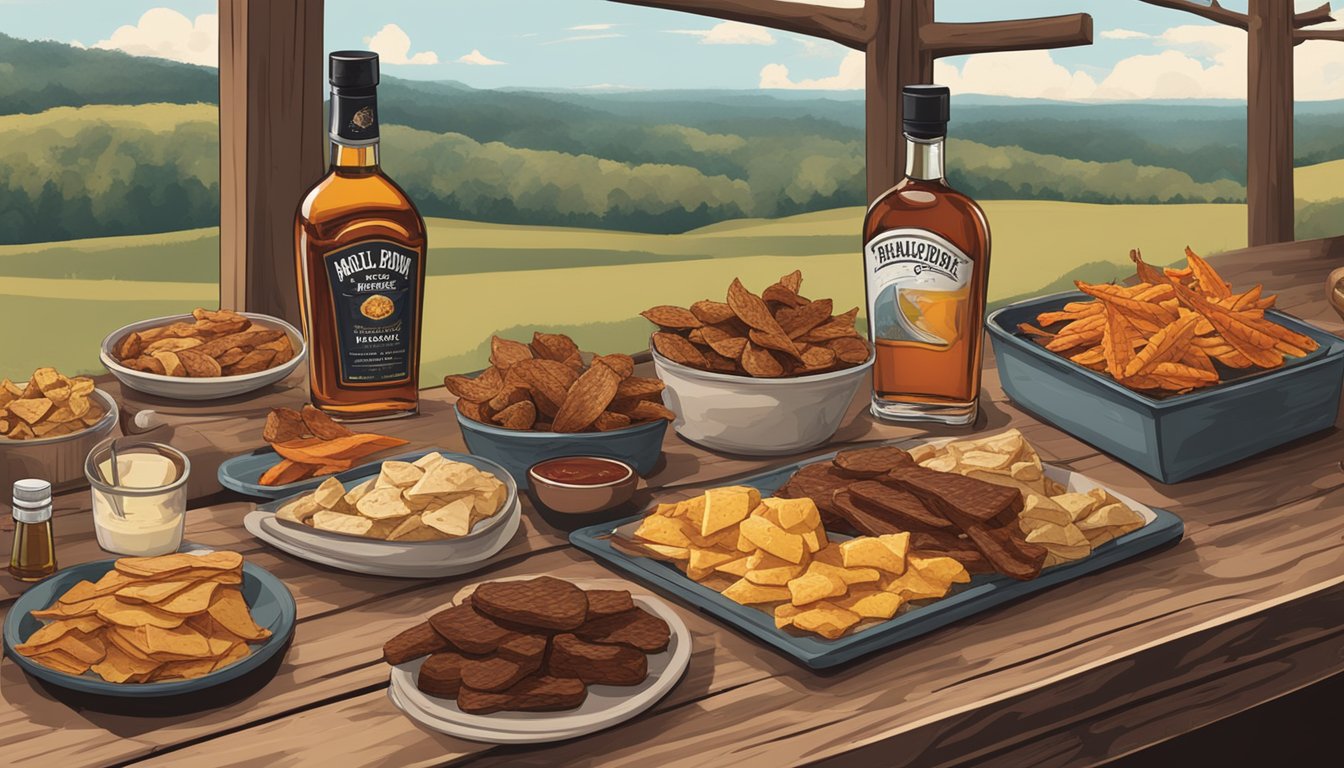 A rustic wooden table spread with a variety of BBQ pairings, including maple bourbon chips, set against the backdrop of a quaint Lockhart countryside