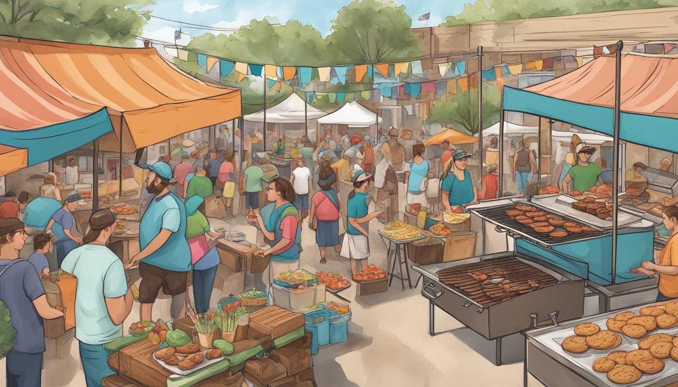 A bustling BBQ festival in Lockhart, Texas, with vendors offering unique pairings like watermelon and feta skewers, and smoked chocolate chip cookies