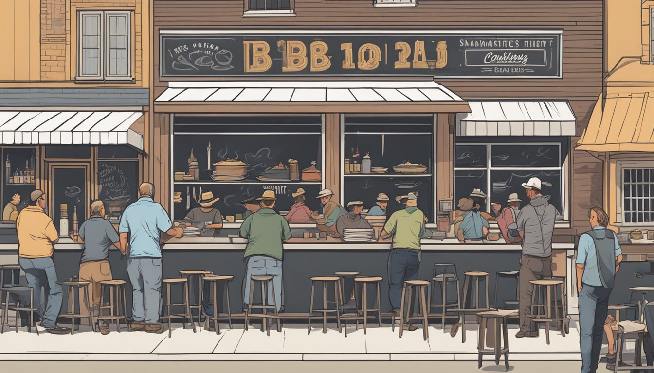 A bustling BBQ joint in Lockhart, with a line of customers ordering from a chalkboard menu, while the pitmaster tends to the smoking meats