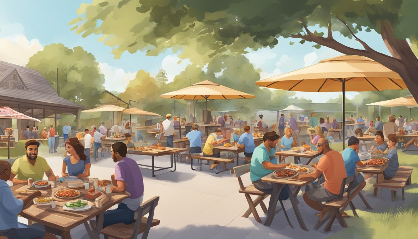 A bustling barbecue joint with families enjoying smoked meats and sides on picnic tables under a large shaded outdoor area