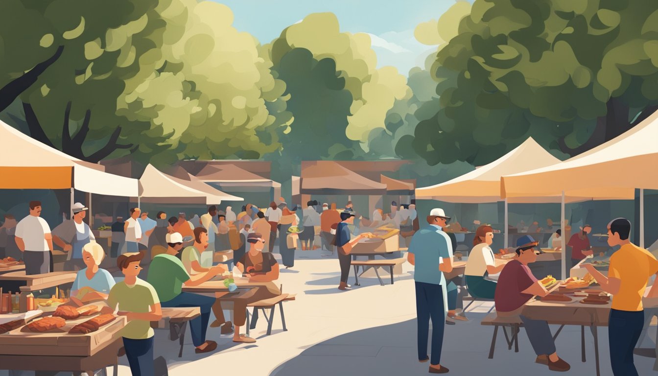 A bustling outdoor BBQ market with families enjoying smoked meats and picnic tables under shady trees