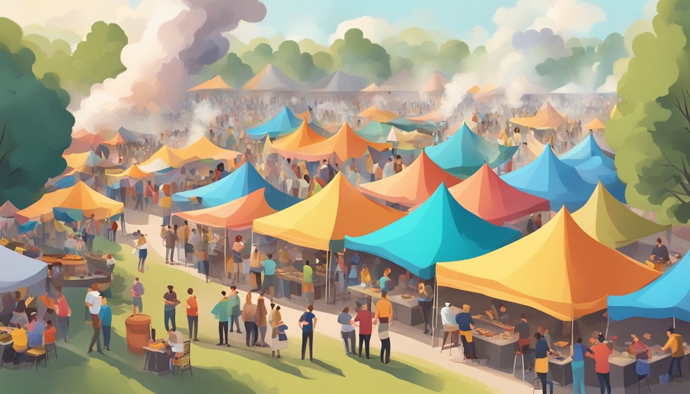 A bustling outdoor BBQ festival with colorful tents, smoke rising from grills, and crowds of people enjoying the aroma and atmosphere