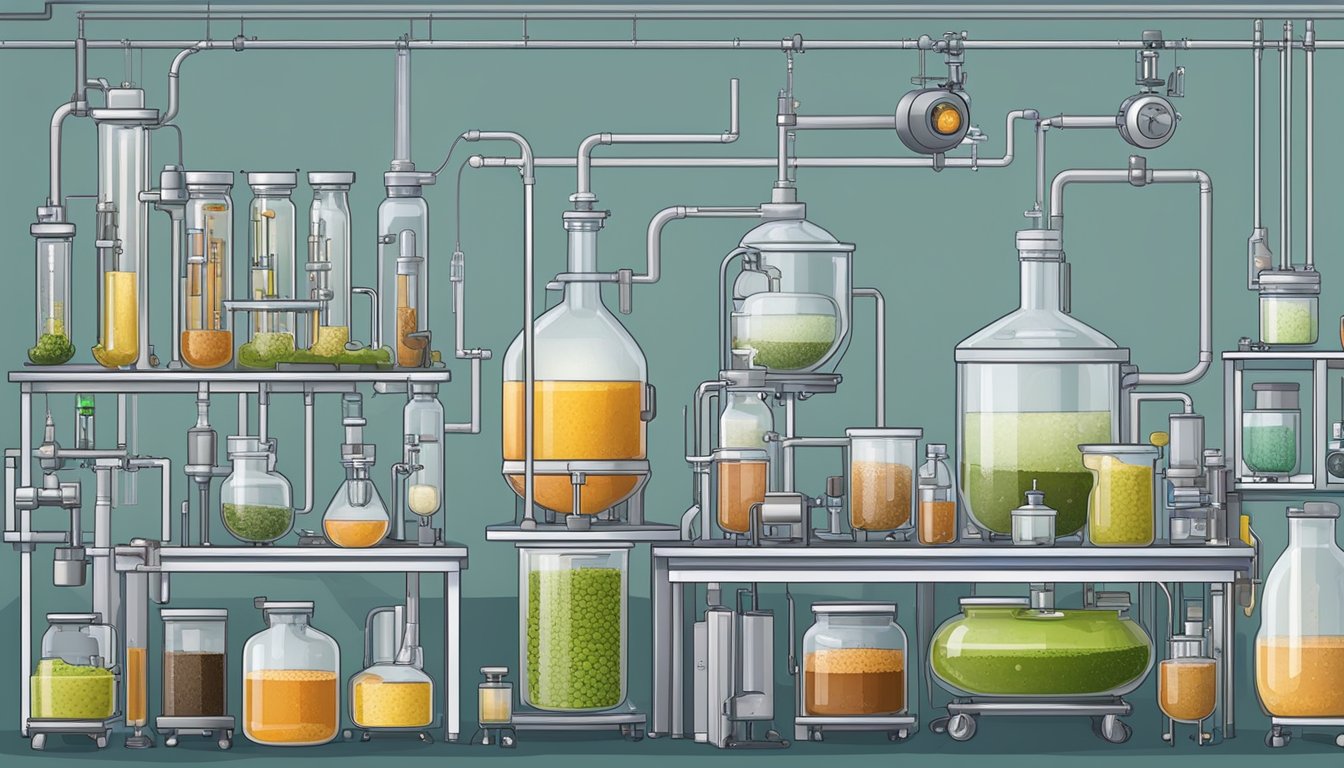 A laboratory setup with various fermentation vessels at different scales, from small jars to large tanks, surrounded by equipment and instruments for monitoring and controlling the process