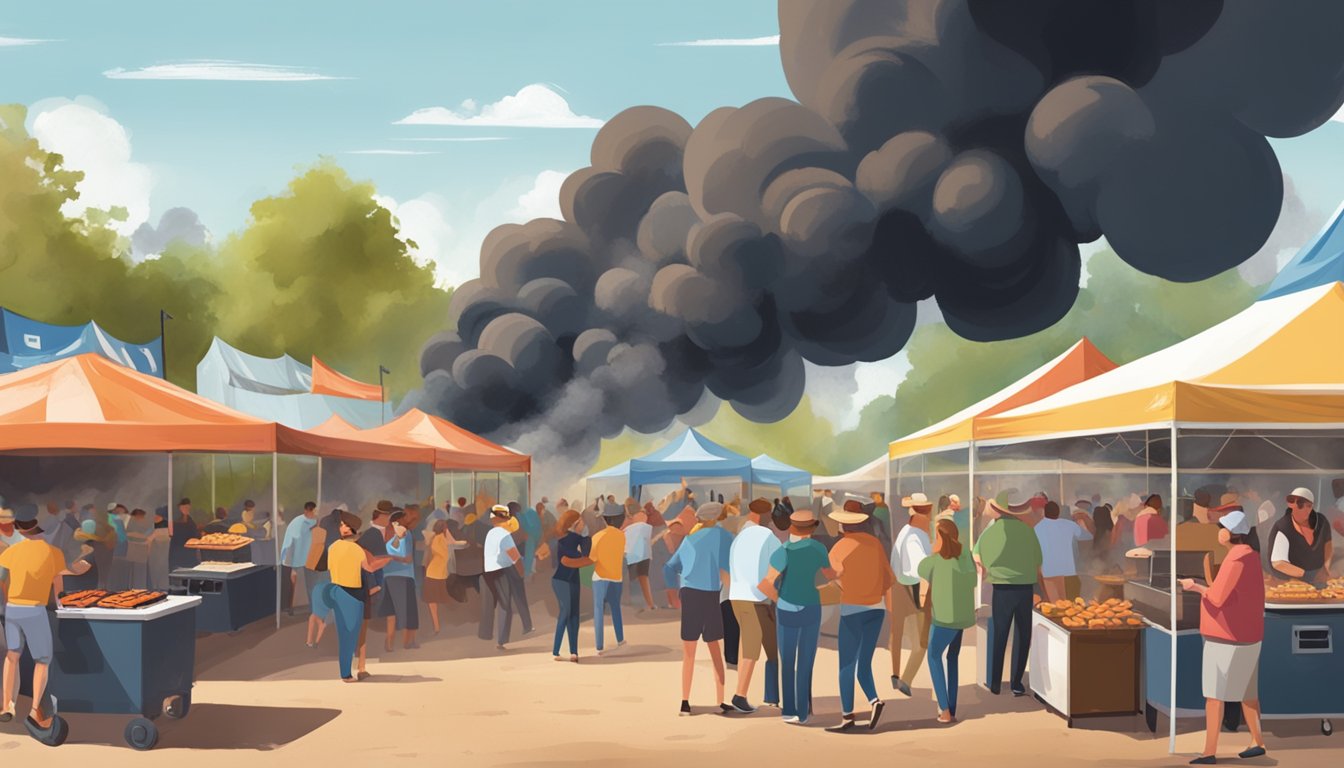 A lively scene at Lockhart BBQ festivals, with smoke rising from grills, people enjoying food, and live music adding to the festive atmosphere