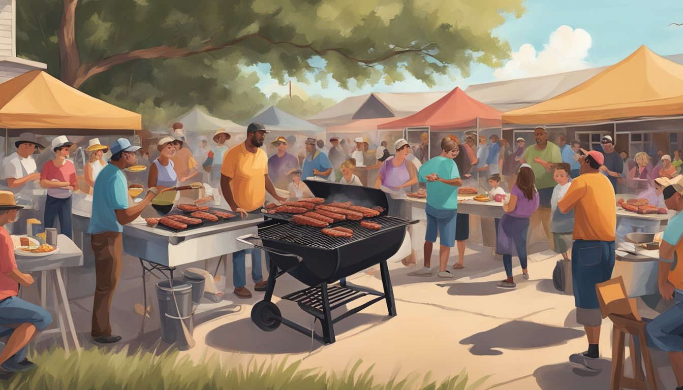 A bustling outdoor BBQ cook-off with families enjoying smoked meats and live music in Lockhart, Texas