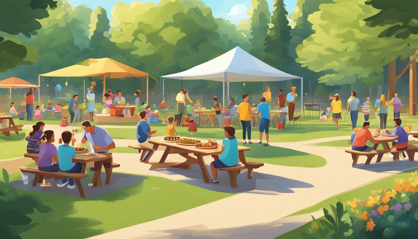 A sunny backyard BBQ with families enjoying food and games at picnic tables, surrounded by greenery and a playground in the background