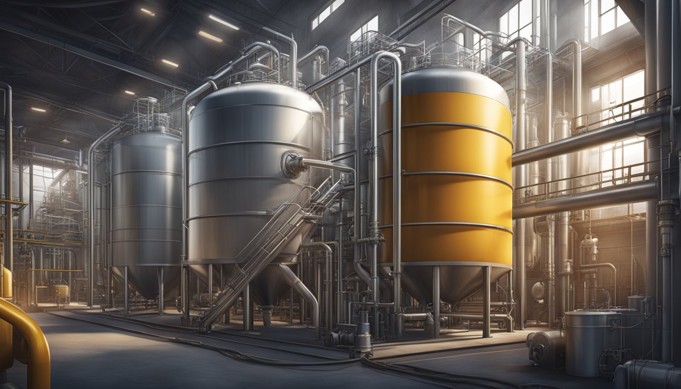 A large fermentation tank surrounded by pipes and machinery in an industrial setting