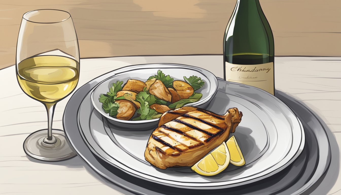 A bottle of Chardonnay next to a plate of grilled chicken, with a wine pairing recommendation list in the background