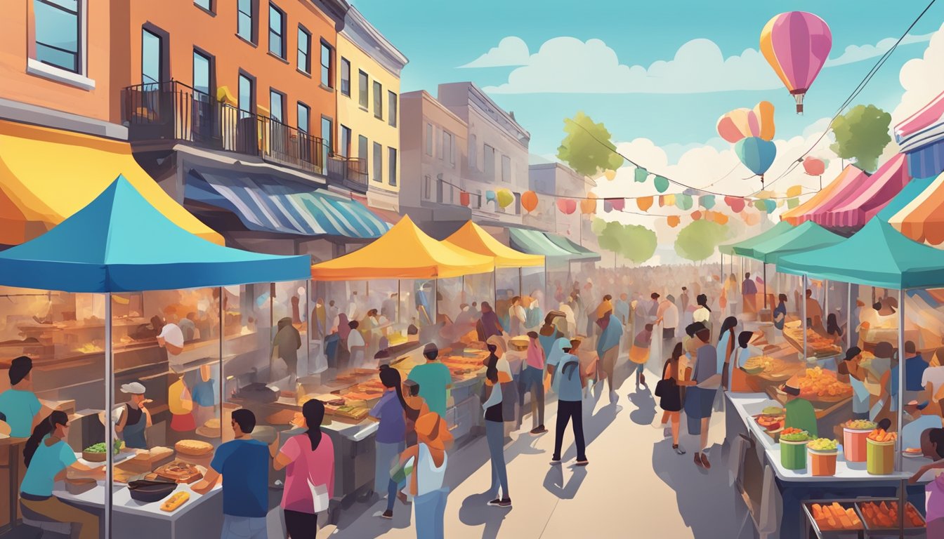 A bustling street fair with colorful food trucks, smoke billowing from their grills, and customers eagerly sampling BBQ dishes