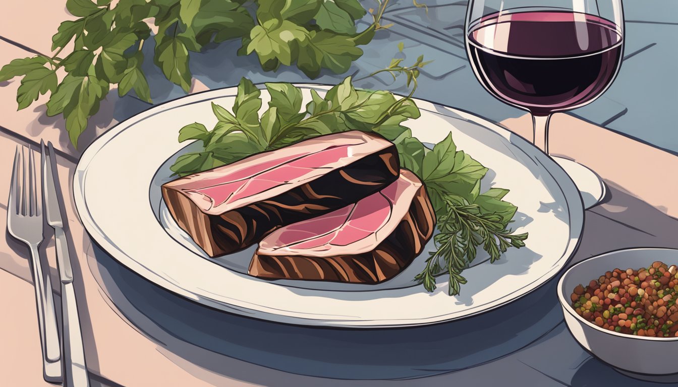 A glass of Pinot Noir next to a seared tuna dish on a BBQ grill, surrounded by herbs and spices