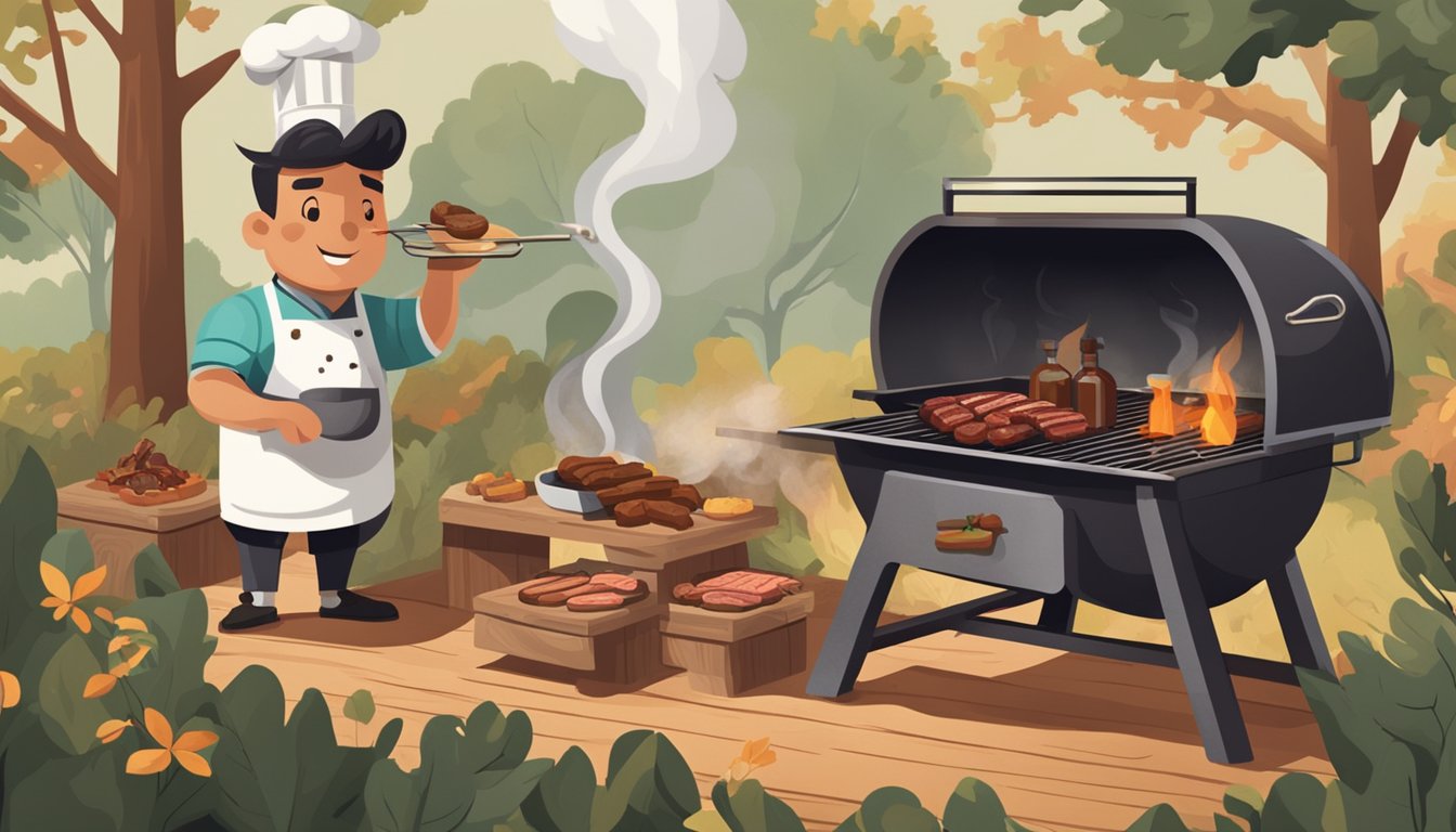 A smoky BBQ pit surrounded by oak wood, with various meats sizzling on the grill and a chef expertly applying a secret spice rub