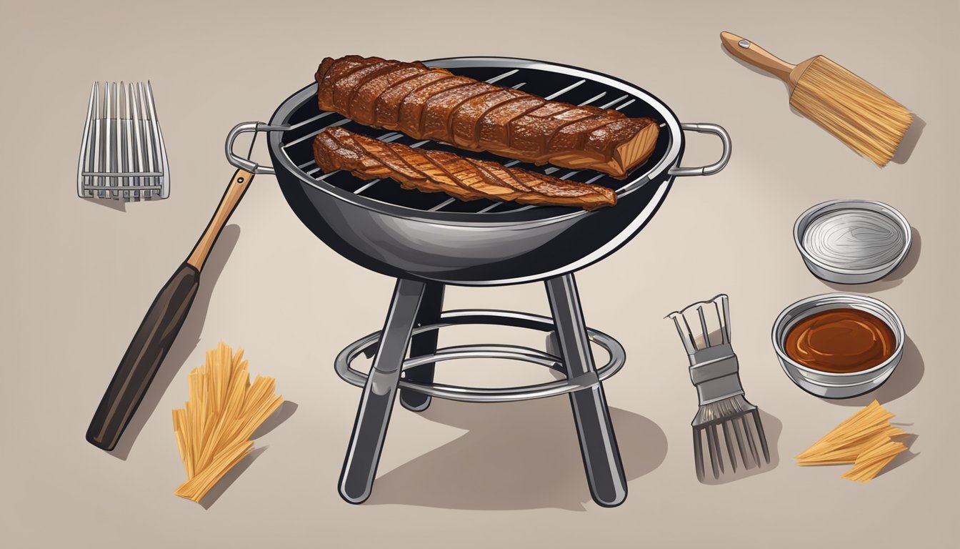 Ribs wrapped in foil on a smoking grill, surrounded by wood chips and a BBQ sauce brush