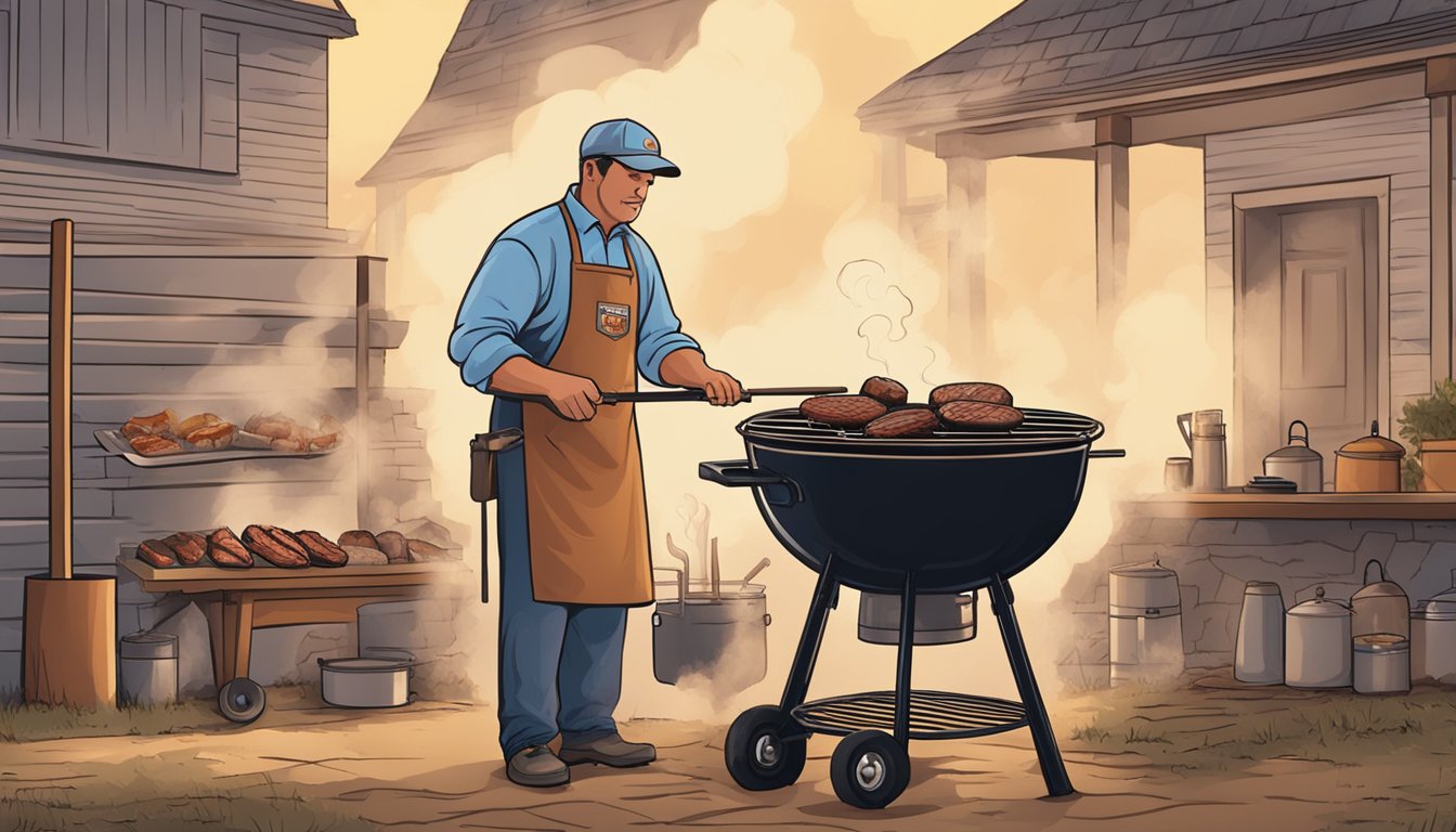 A pitmaster tends to a smoking barbecue pit, while others prepare meats using traditional Lockhart BBQ cooking techniques