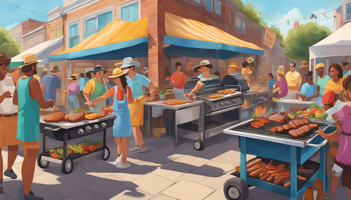 A bustling BBQ festival with colorful murals adorning the walls of Lockhart, depicting scenes of sizzling grills, smoky meats, and lively outdoor gatherings