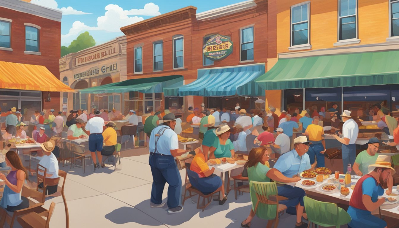 A bustling outdoor BBQ festival with colorful murals adorning the walls of Firehouse Grill, depicting scenes of sizzling brisket and smoky grills