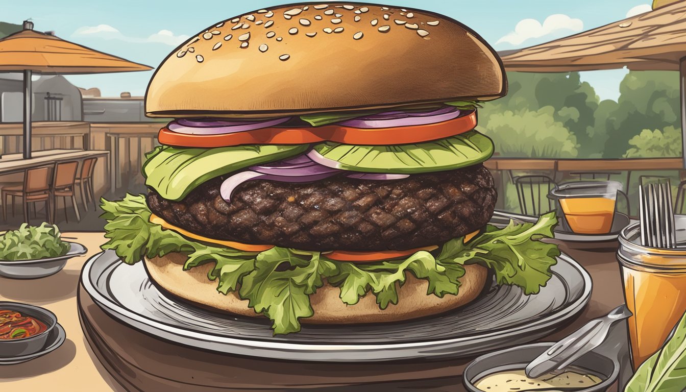 A sizzling portobello mushroom burger being grilled at a BBQ joint, surrounded by other vegetarian-friendly options on the menu