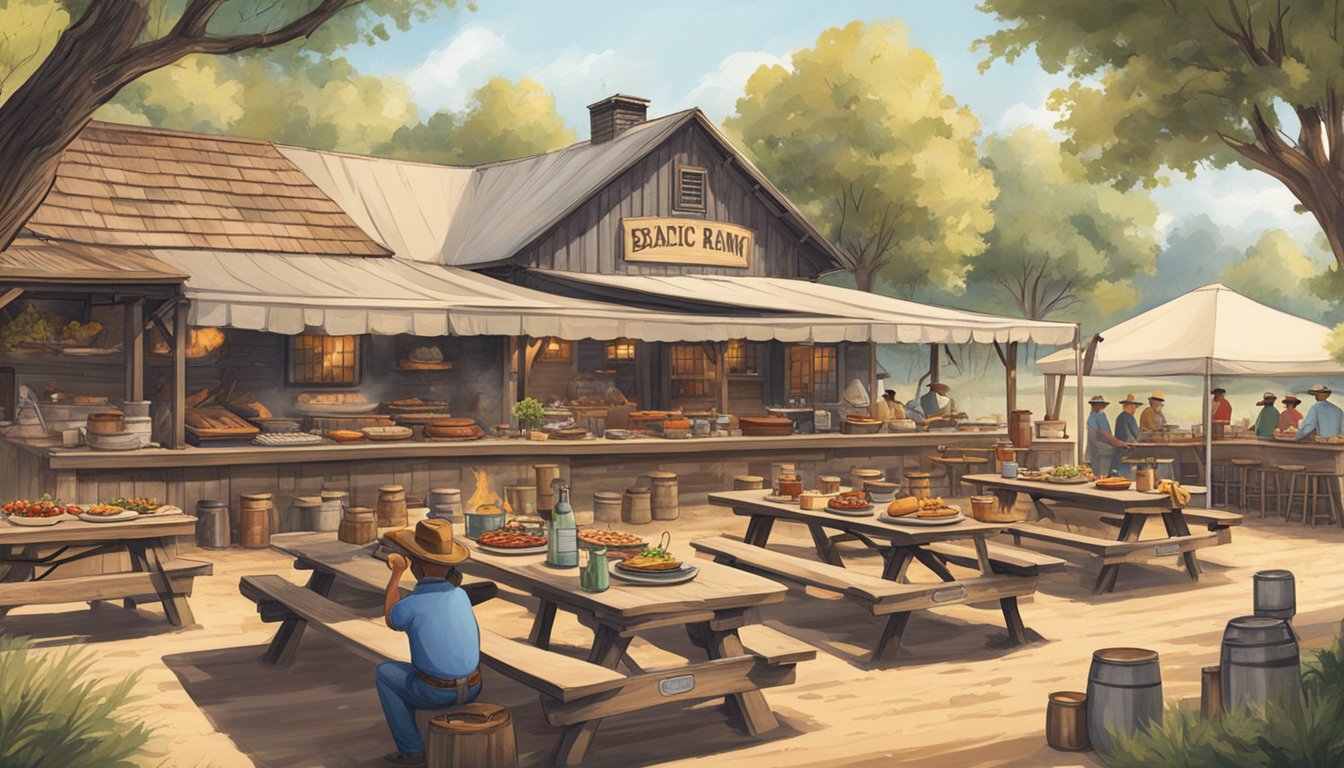 A rustic ranch setting with a large BBQ pit surrounded by picnic tables, cowboy hats, and a variety of rib dishes