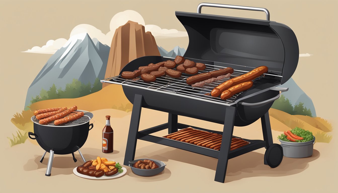 A traditional Texas BBQ pit with smoky meats, a wood-fired smoker with brisket, and a grill with sizzling sausages and ribs