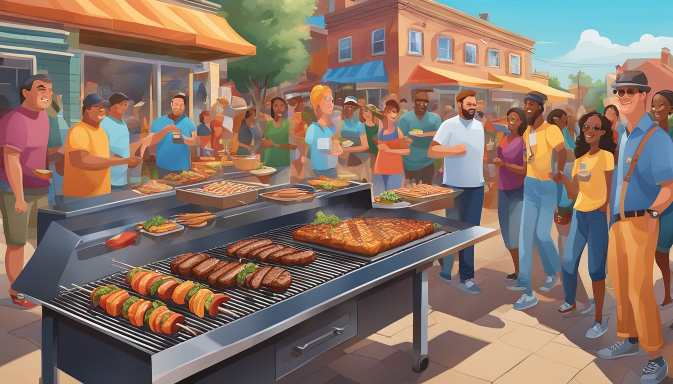 A colorful mural of a sizzling grill surrounded by a variety of BBQ foods, set against a backdrop of a bustling community BBQ event