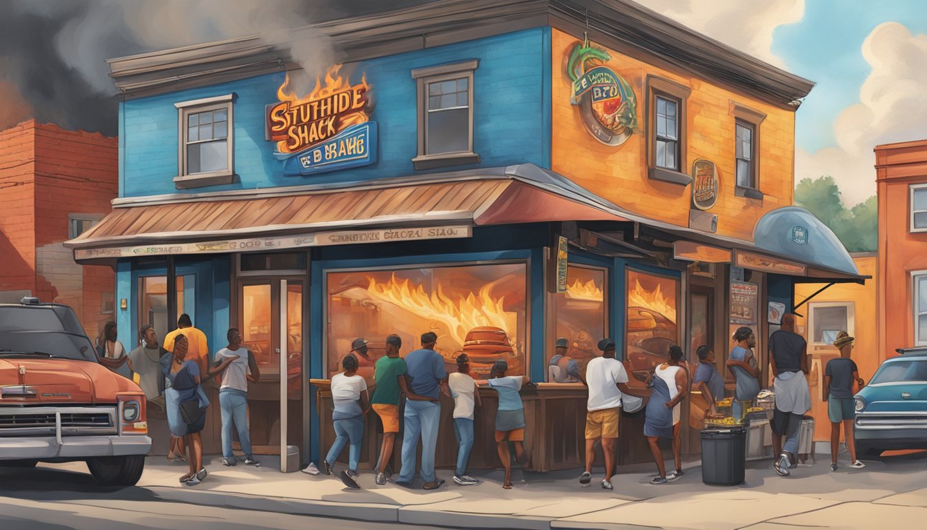 A bustling street corner with a vibrant mural of sizzling BBQ, smoke, and flames, capturing the essence of Southside Smoke Shack