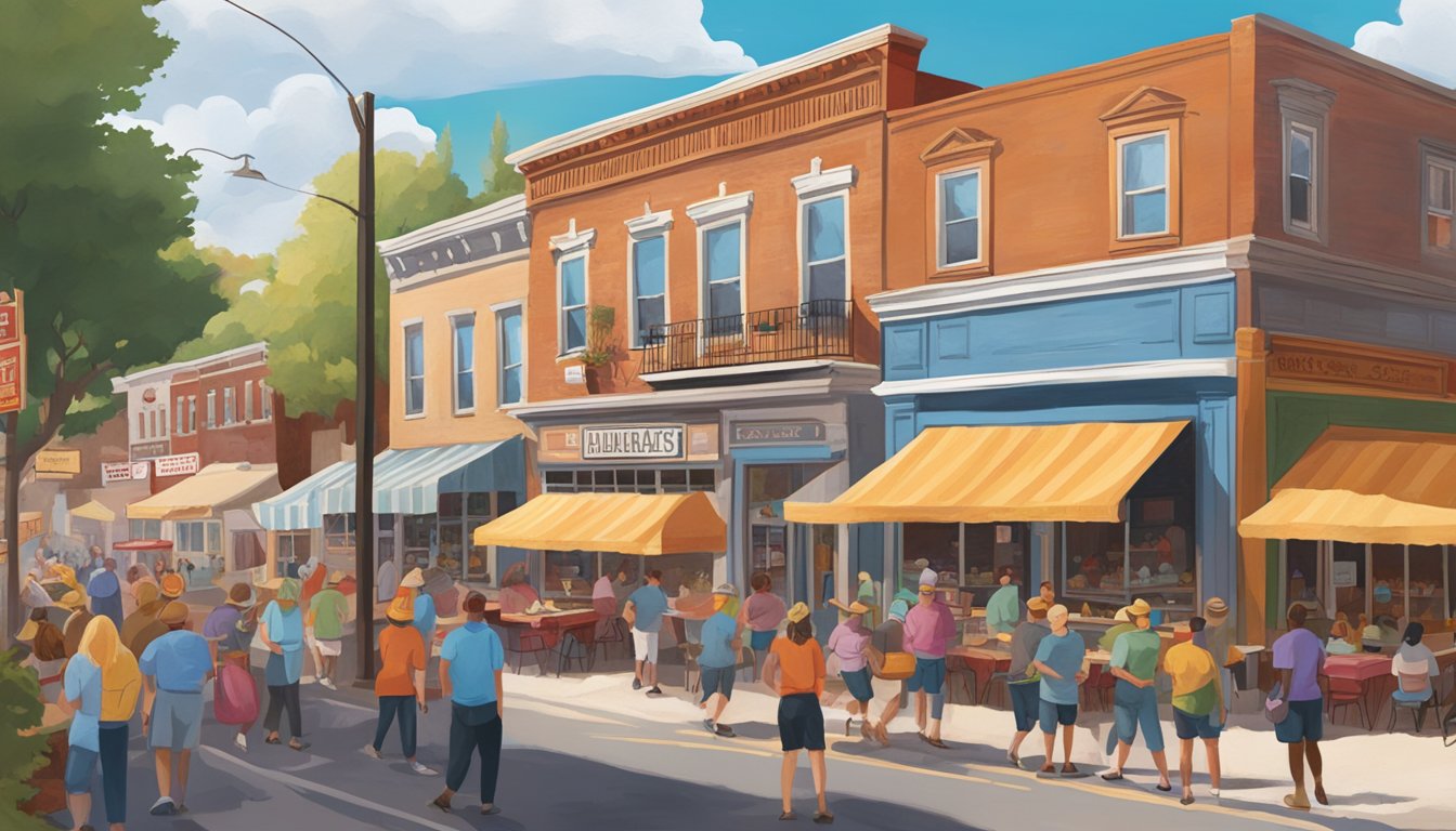 A bustling Main Street with colorful BBQ-themed murals adorning the walls of Lockhart's Smoked Meats