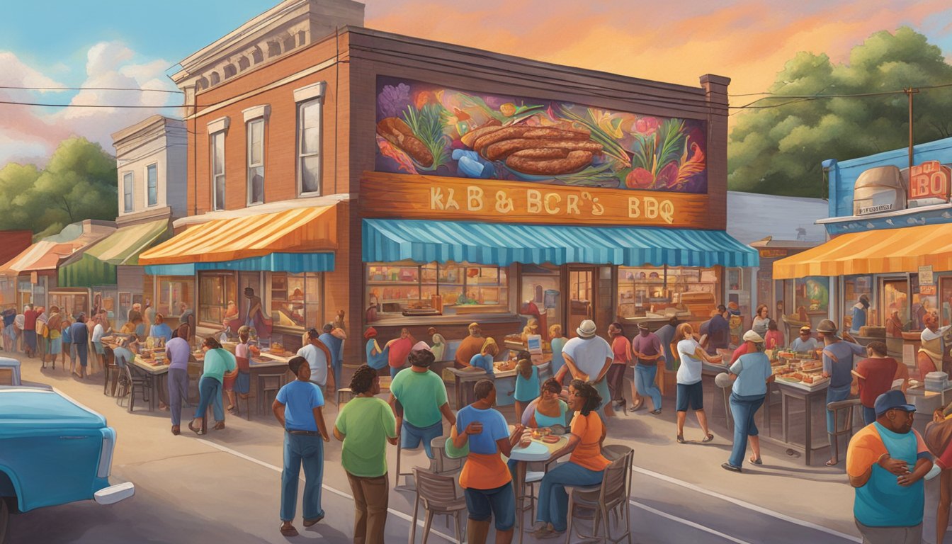 A bustling street lined with colorful, larger-than-life murals depicting various BBQ-themed scenes, capturing the vibrant spirit of Lockhart's Trailblazer BBQ Tribute