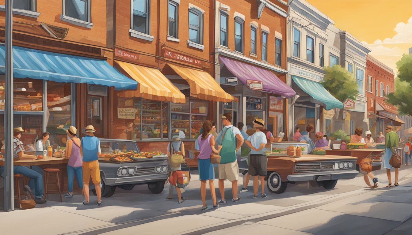 A bustling street corner, with vibrant, BBQ-themed murals adorning the walls of the surrounding buildings. Each mural depicts scenes of barbecue and local heritage