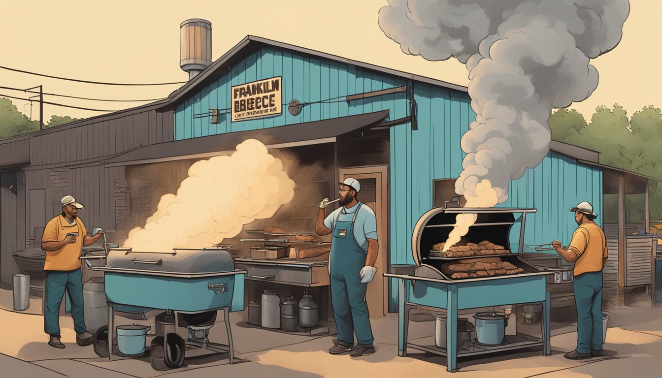 Three pit masters tending to smoking barbecue pits at Franklin Barbecue, with plumes of fragrant smoke rising into the air