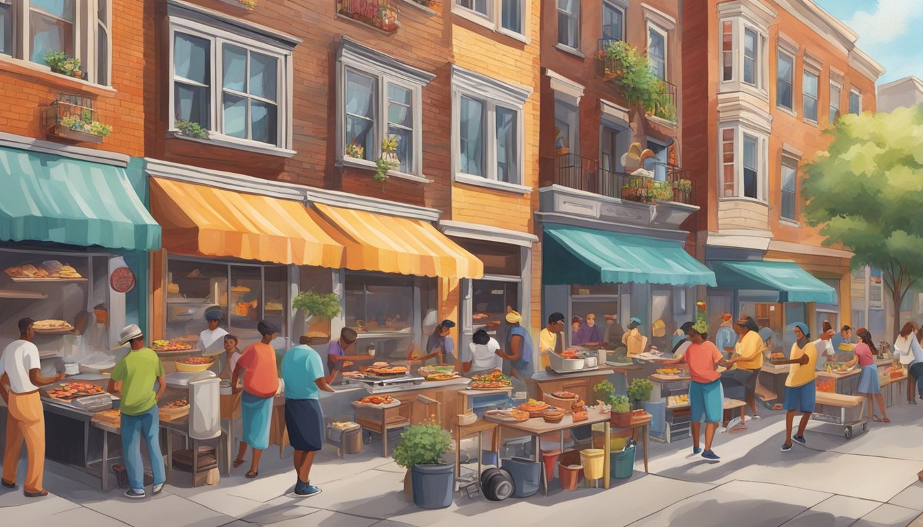 A bustling street with colorful BBQ-themed murals covering the walls of buildings, depicting scenes of grilling, smoke, and delicious food