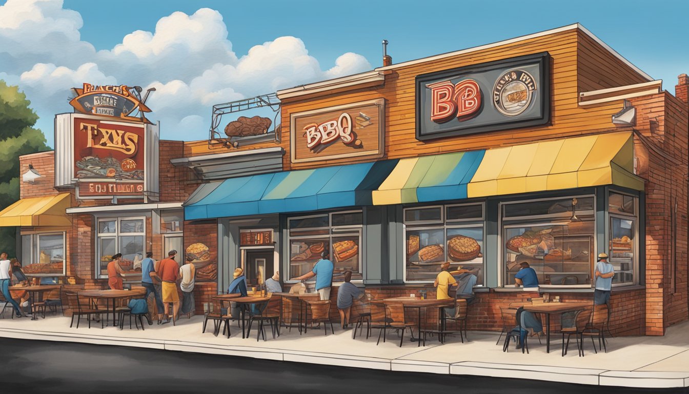 A vibrant mural of BBQ-themed imagery adorns the exterior wall of Original Black's BBQ, featuring sizzling grills, smoky meats, and iconic Texas BBQ elements