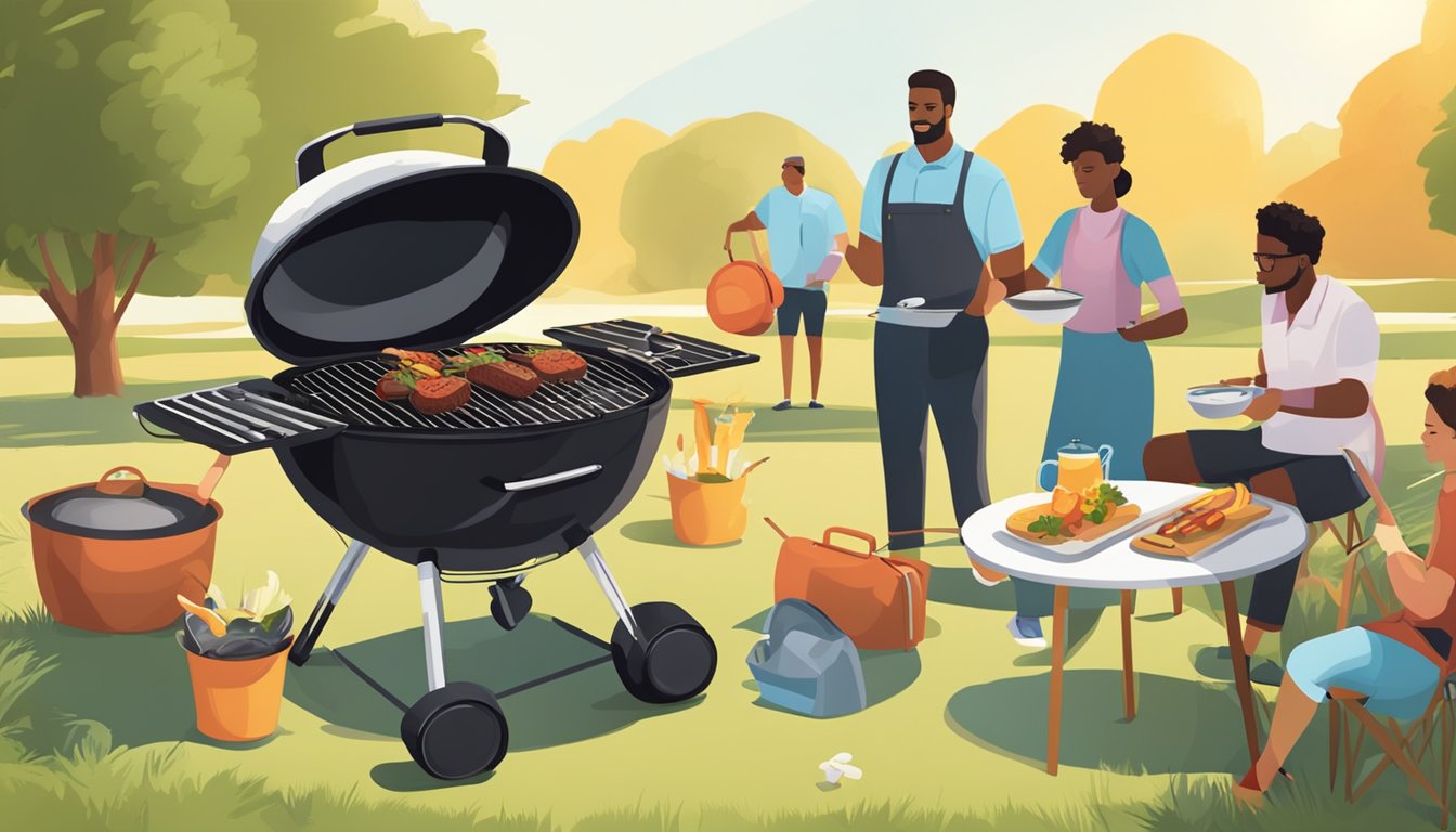 A sunny outdoor scene with a portable grill surrounded by four innovative BBQ cooking gadgets invented in Lockhart