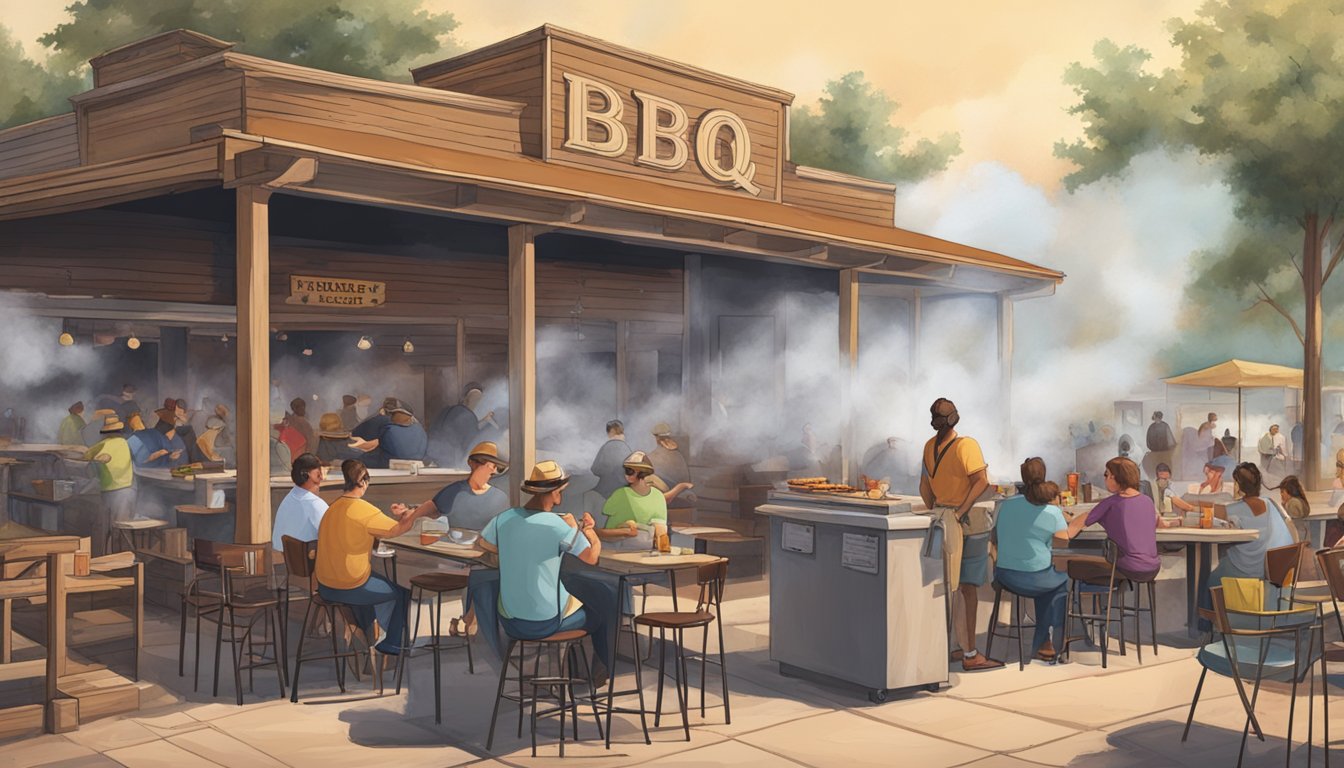 A bustling BBQ joint in Lockhart, with smoke billowing from the outdoor pits and customers enjoying their meals at picnic tables