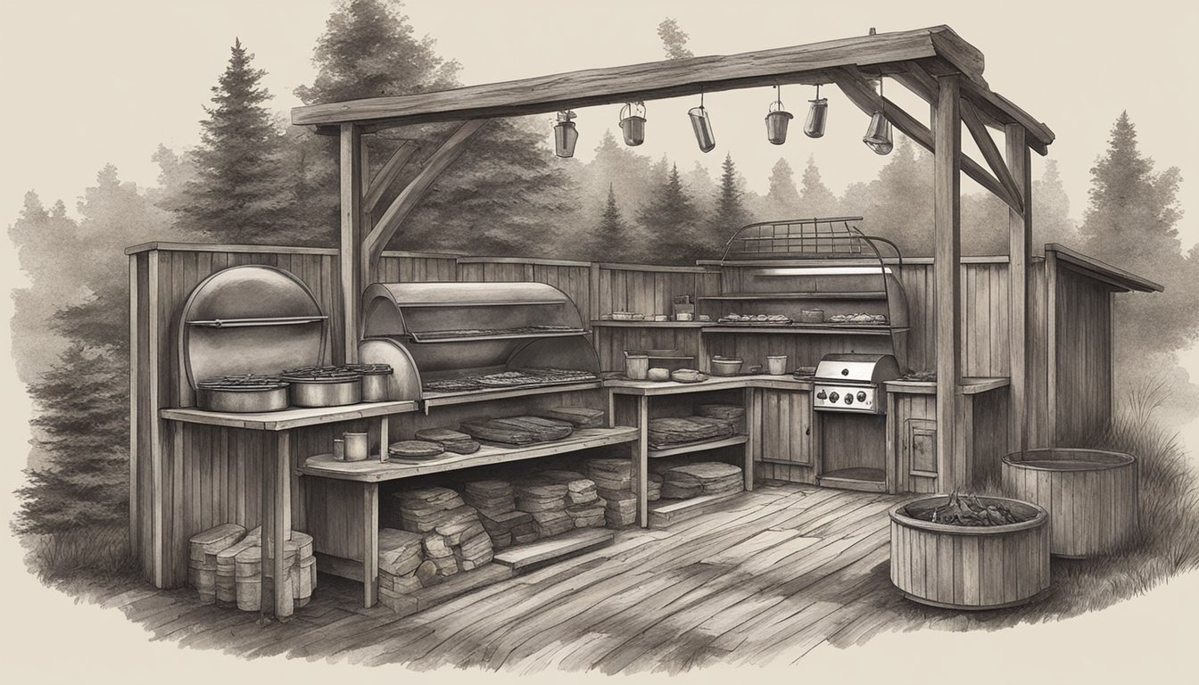 A rustic, smoky BBQ pit with three distinct cooking stations, each manned by a skilled pit master. A history of tradition and expertise evident in the worn wood and seasoned grills