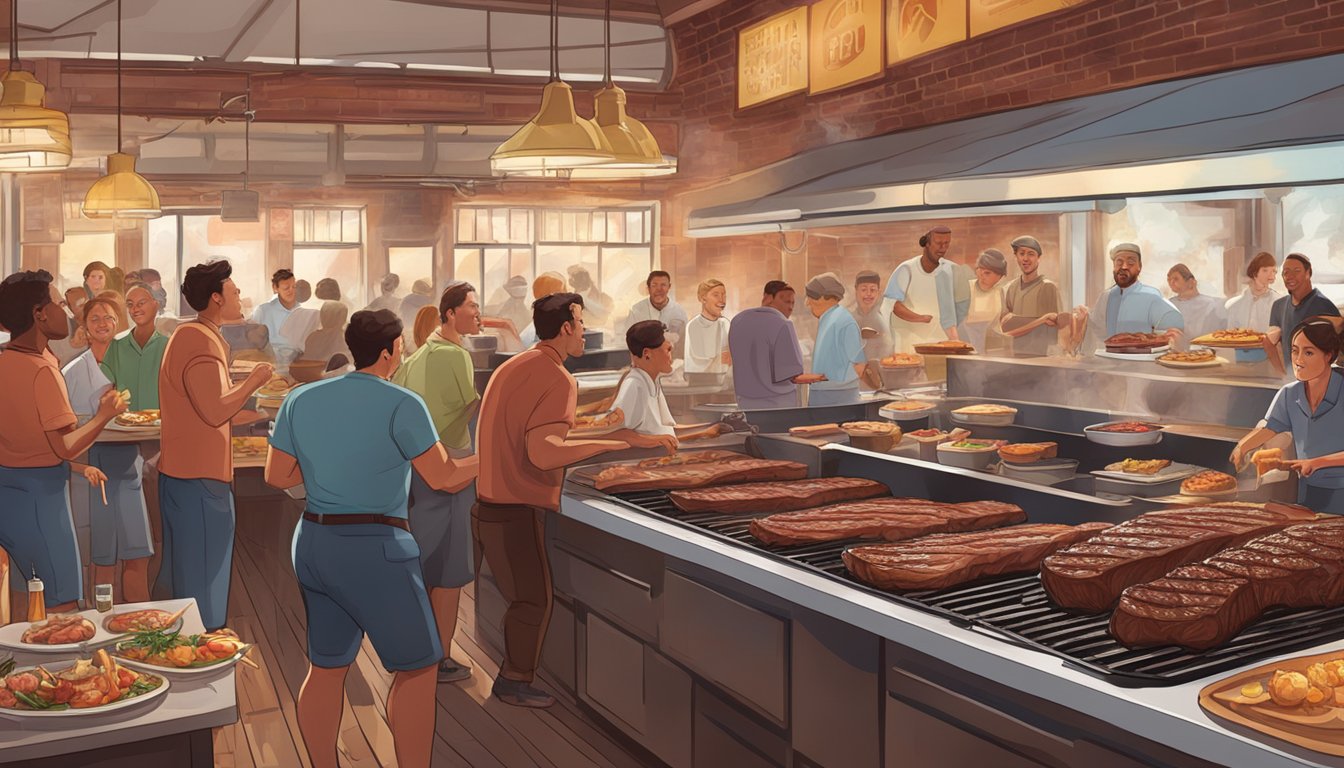 A bustling BBQ restaurant with two enormous steak challenges on display, surrounded by eager onlookers and a lively atmosphere