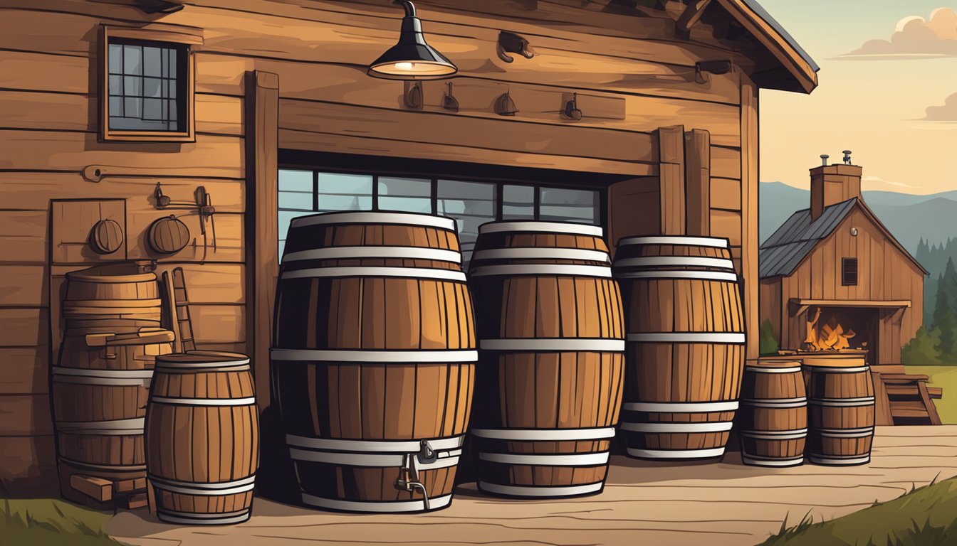 A rustic brewery scene with barrels, BBQ grills, and a sign for "Smoked Maple Bacon Porter" displayed prominently