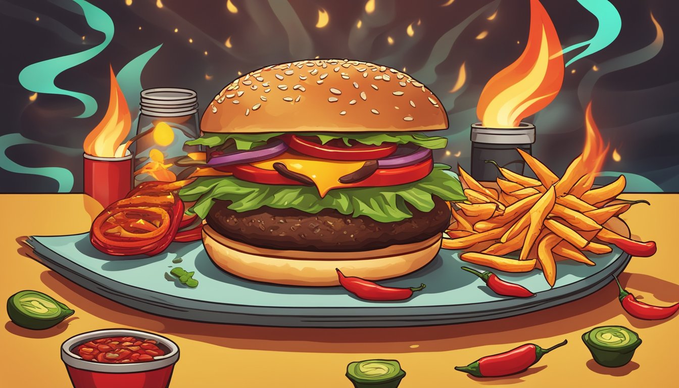 A sizzling hot chili pepper burger surrounded by flames, with two BBQ food challenges in the background