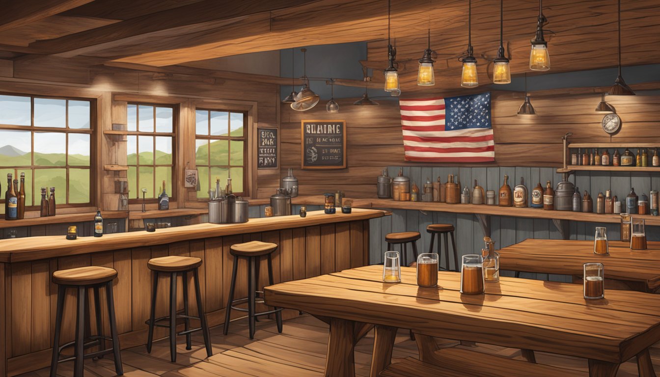 A rustic brewery scene with a wooden bar, beer taps, and BBQ-inspired decor. A Texas flag hangs on the wall, and mesquite wood accents add warmth to the space