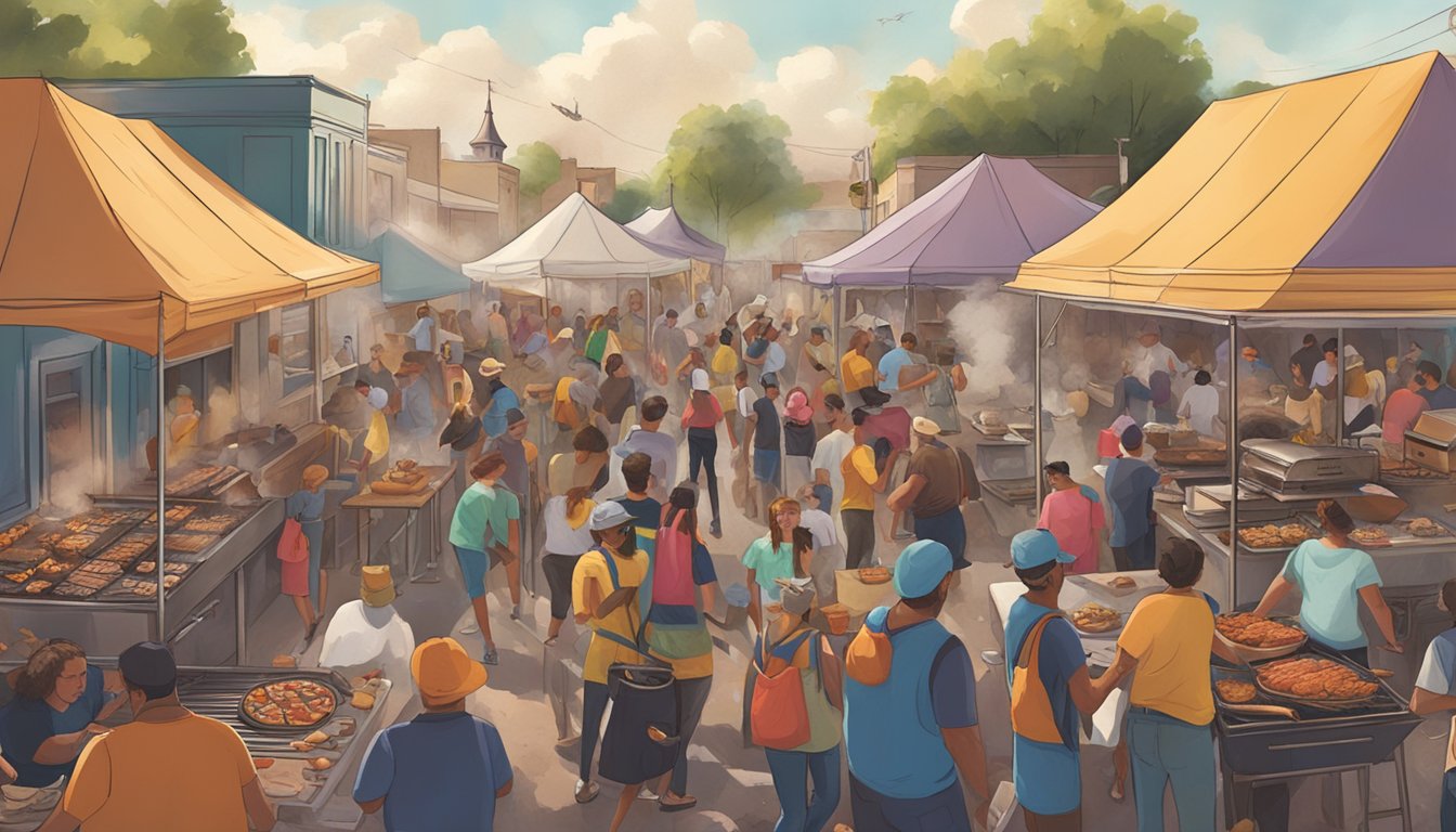 A bustling BBQ festival in Lockhart, with smoke rising from grills and people taking on food challenges in the lively atmosphere