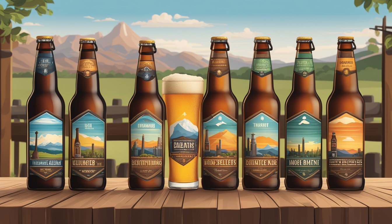 A rustic brewery setting with a lineup of six unique beer bottles, each featuring a different BBQ-inspired label, set against a backdrop of Lockhart's scenic landscape