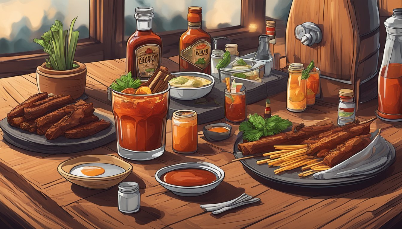 A rustic bar with a smoky BBQ-inspired cocktail on a wooden table, surrounded by BBQ sauces and spices, with a bold Bloody Mary garnish