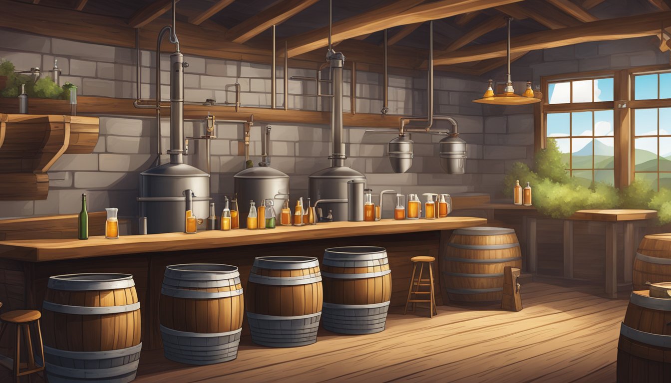 A rustic brewery setting with BBQ smokers, barrels, and beer taps