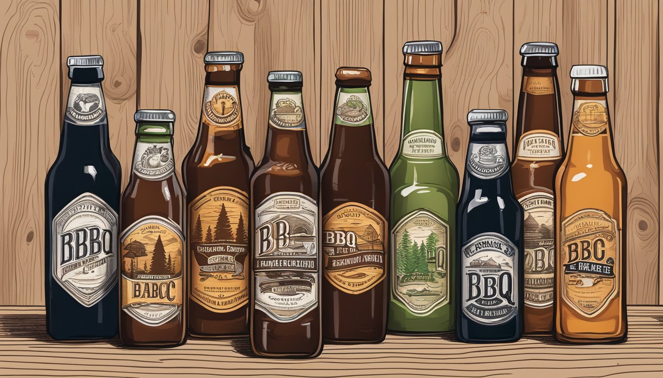 A group of six bottles of BBQ-inspired craft beers surrounded by mesquite wood, BBQ sauce, and brewing equipment in Lockhart