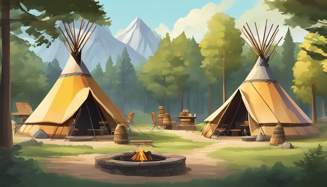 Three colorful tipis surrounded by trees, with a BBQ grill and picnic area in the foreground